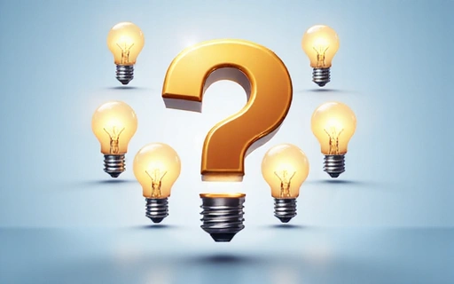 Ikona znaku zapytania otoczona żarówkami symbolizująca odpowiedzi i jasność.